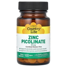 Country Life Zinc Picolinate 25 mg 100 Tablets Gluten-Free, GMP Quality Assured