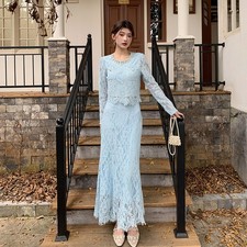 Spring Elegant Women's Long Sleeve Tops Two Piece Set Lace High Waist Skirt Set
