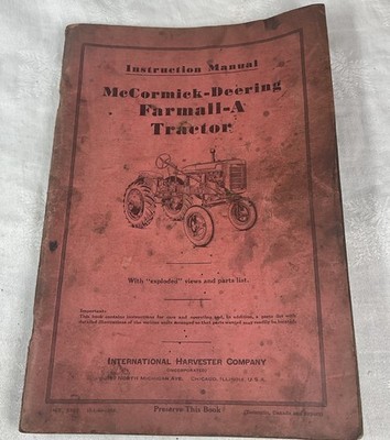 Vintage McCormick Deering Farmall A Traktor Bedienungsanleitung Buch Int. Ernte