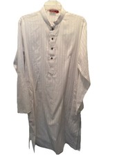 Men's White Cotton Kurta with Stripes Long Sleeve Band Collar