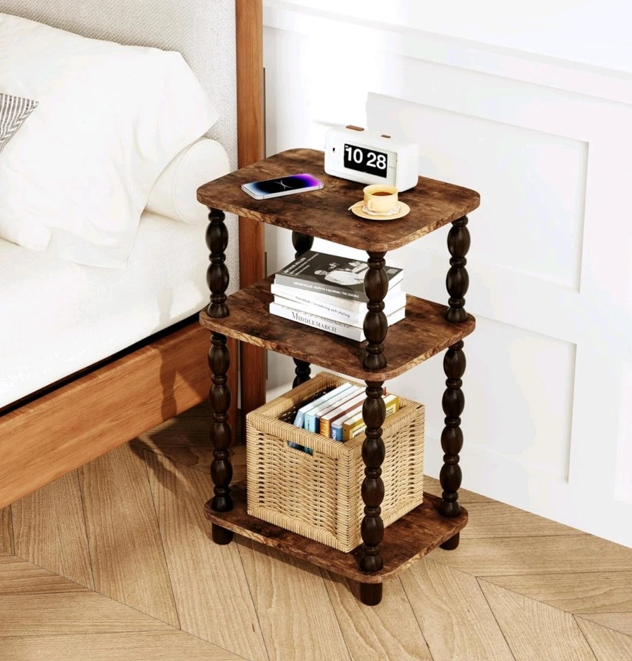 Retro End Table, 3-Tier Small Side Table, Narrow Couch Side Table Brown - Image 2 of 4