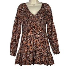 BeachLunchLounge Dress M Brown Boho Smocked Tiered Viscose Mini Long Sleeve