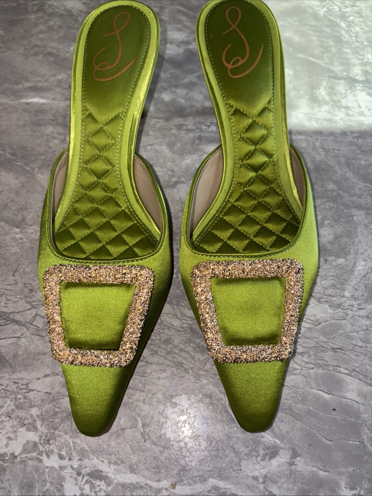 Sam Edelman Brit Glow Lime Green Satin Kitten Heel Mule Size 6.5