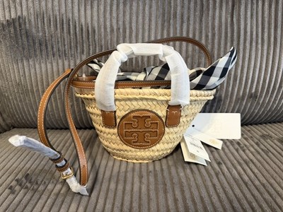 NWT Tory Burch Ella Straw Basket Micro Tote Bag w Black Plaid