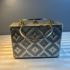 Vintage 1950's Wicker and Lucite Handbag - Blue/White Woven - Made in Hong Kong