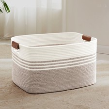 72L LARGE WOVEN LAUNDRY BASKET HAMPER WITH LEATHER HANDLES BROWN COLLAPSIBLE