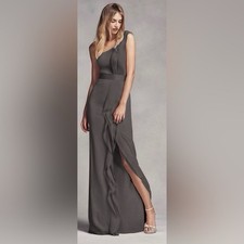 Vera Wang White Label Charcoal Grecian Style Ruffle One Shoulder Evening Gown 8