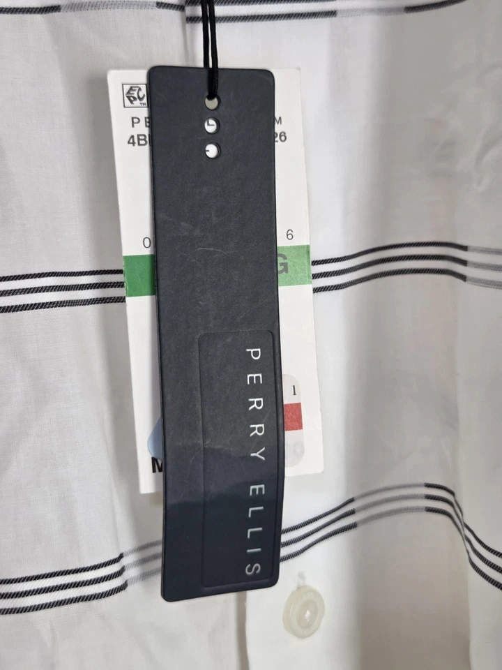 Perry Ellis Shirt Mens Large White Black Stripe Short Sleeve Cotton Top Casual - Image 4 of 4