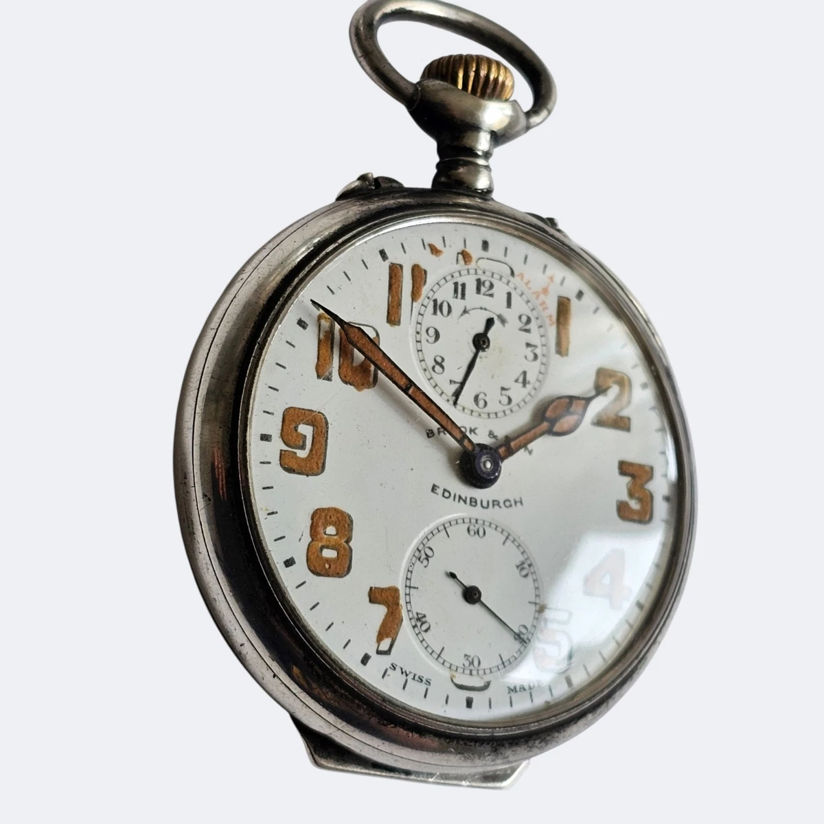 Reloj Bolsillo Vintage Zenith Plata Alarma Brook & Son Edimburgo Estilo Militar