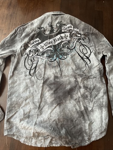Men’s Helix Gray Gothic Grunge Archaic Punk Affliction Style Button Up Shirt Y2K - Picture 6 of 7
