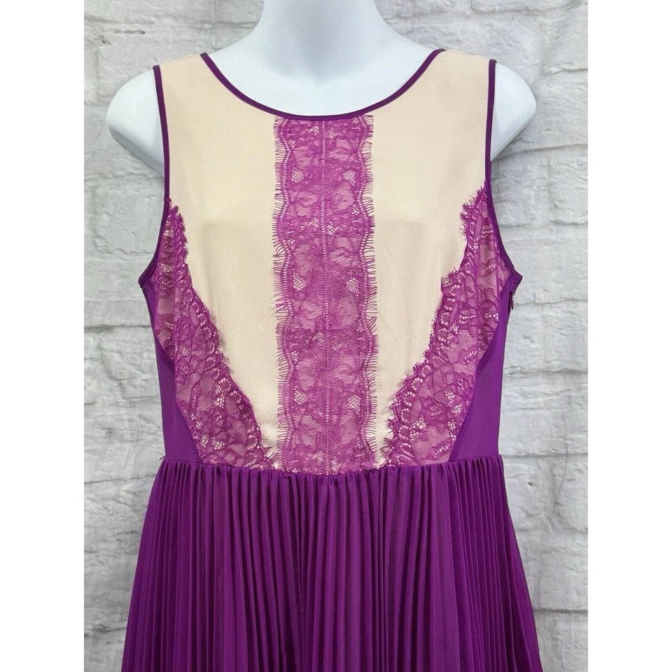 Oasis Shift Dress Party Purple Beige Sz 10 Pleated Skirt Fairycore Chiffon Lace - Image 2 of 4