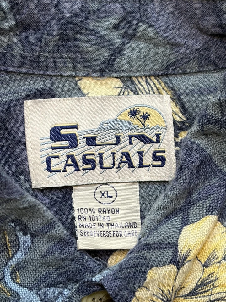 Camisa informal Sun para hombre XL azul rayón hawaiano manga corta hibisco tropical Foto 3 de 4