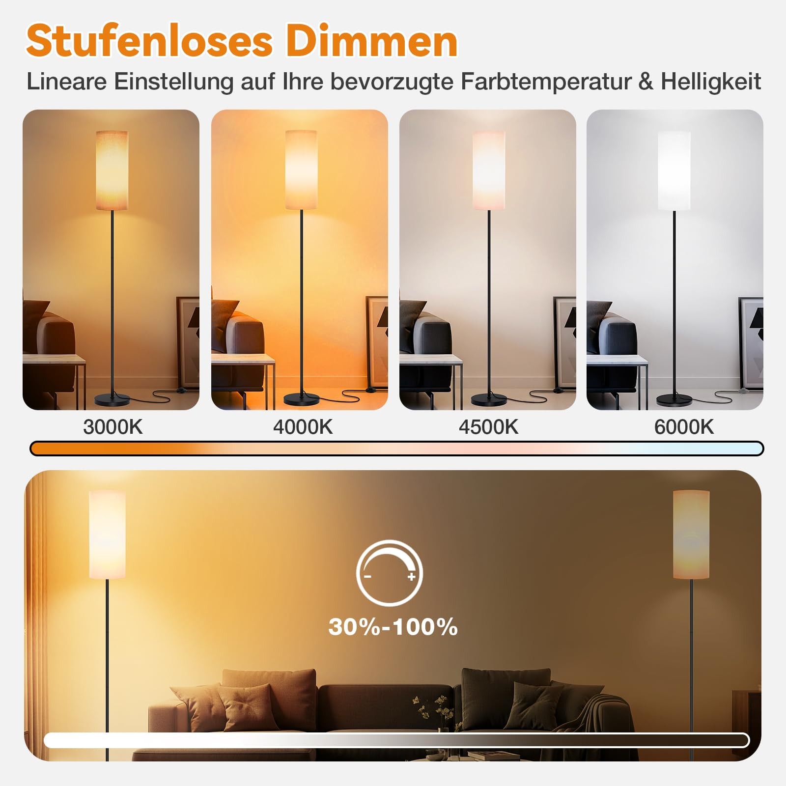 Lampadaire salon LED à intensité variable avec ampoule E27 12W