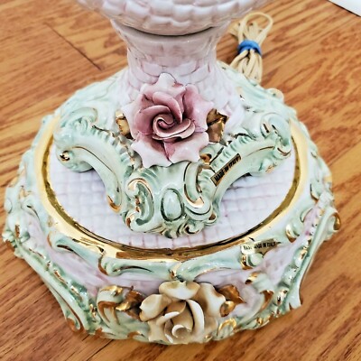 ANTIQUE CAPODIMONTE PORCELAIN LAMP ITALIAN ROSE FLOWER VICTORIAN