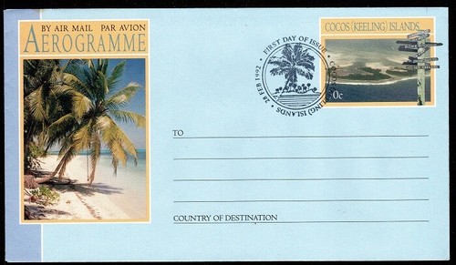 1992 Cocos Keeling Islands - 70c Coconut Palms and Beach Aerogramme FDI