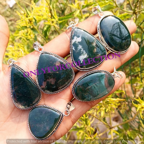 Green Moss Agate Gemstone 925 Sterling Silver Plated 10PCs Handmade Pendants Lot