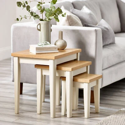 FURNITUREBOX UK Eden Oak and Cream 3x Wooden Nesting Tables