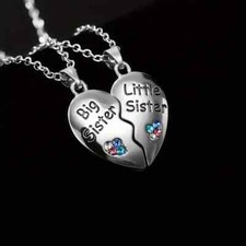 925 Sterling Silver Charm New Fashion Love Heart Big Little Sister Necklace 2pcs