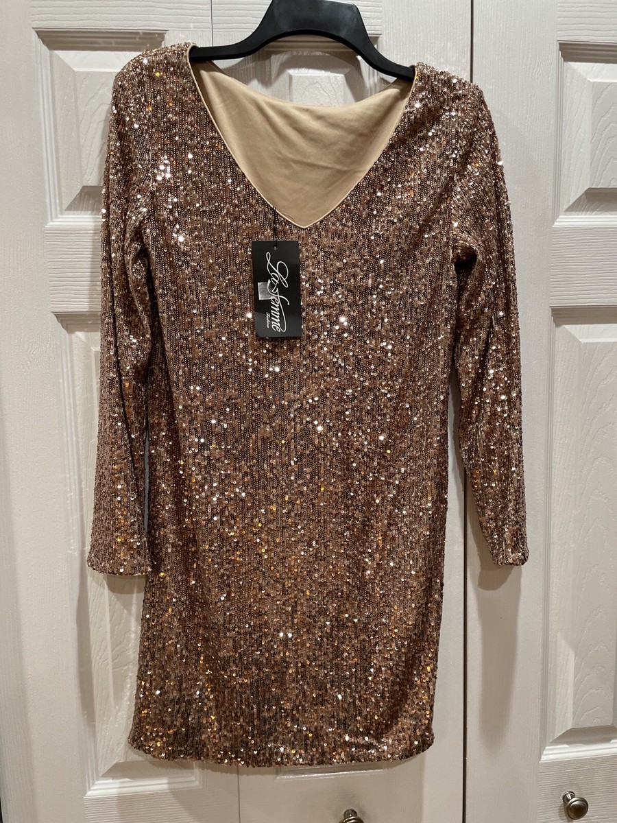 NEW LA FEMME - 28194 LONG SLEEVE SEQUINS EMBELLISHED SLIP Rose Gold DRESS  SIZE 0 | eBay