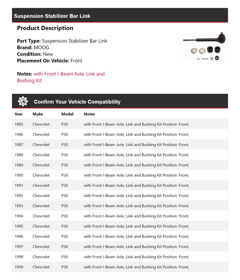 适用于 1985 - 1999 年雪佛兰 P30 悬架稳定杆连接前 MOOG 1985 1986 — 第 2/4 张图片