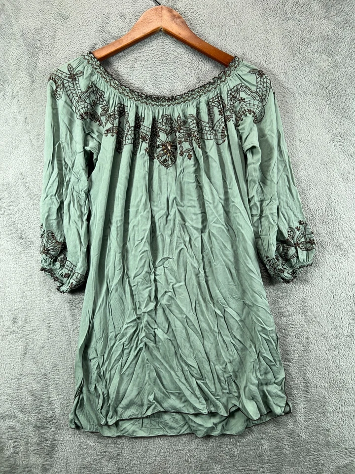 Mini Vestido Túnica Pequeño Boho Verde Con Cuentas Bordado Verde Krista Lee para Mujer Foto 4 de 4