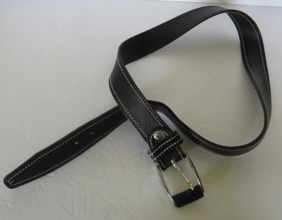GP & Max Belt Mens Black White Topstitch Silver Tone Buckle Made in Italy 1 1/2''
