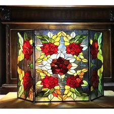 Stained Glass Tiffany Style Fireplace Screen Floral Victorian     ONE THIS PRICE