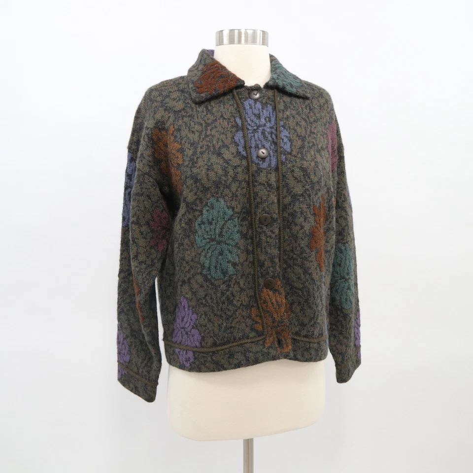 Peruvian Connection Jacket Coat Alpaca S Olive Green Floral Purple Red Buttons - Image 3 of 4