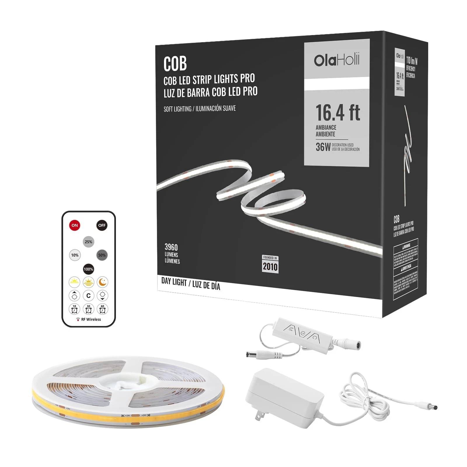 16.4ft COB Light with Remote, 6500K Ra93+ Dimmable Bright Daylight White COB ...