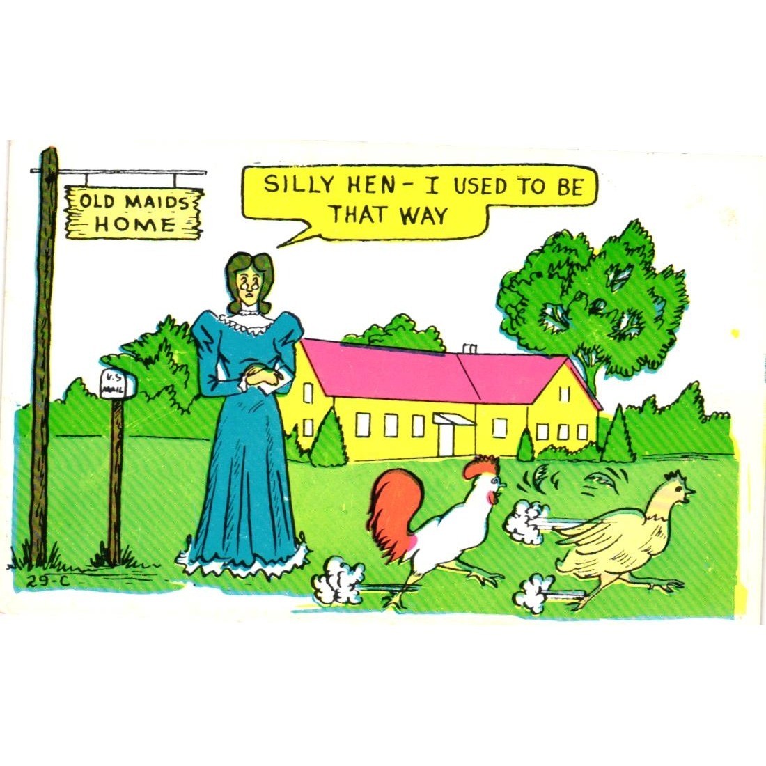 Vintage Laff Gram Comic Postcard Old Maids Home Rooster Hen Baxtone 29-C Texas