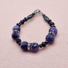 Vintage Amethyst Beaded Bracelet Black Glass Rhinestone Spacers Toggle Clasp