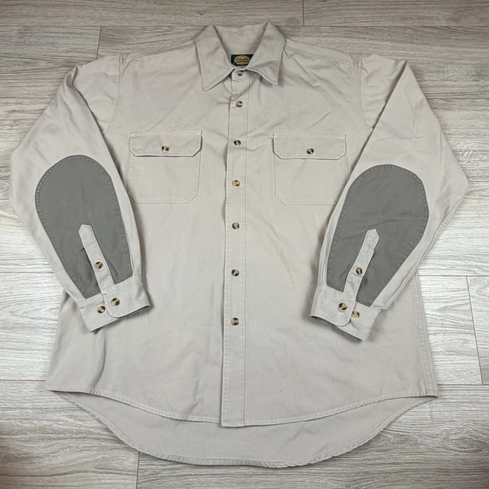 Vintage 90s Cabelas Beige Long Sleeve Button Up Arm Patches Canvas Cotton Sz XL