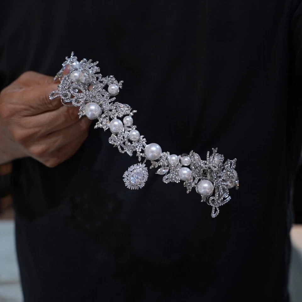 Princesa Lindas Perlas Cristal Novia Tiaras Coronas Boda Circón Tocado Foto 3 de 4