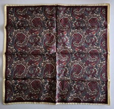 Superb Italian Silk Pocket Square Pale Yellow Red / Gray Paisley