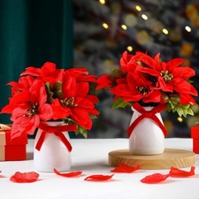 2 Sets Artificial Poinsettia Bushes with Vase 3.1 Inches Mini Christmas Poins...