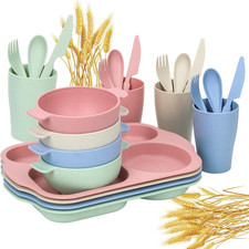 24 PCS Wheat Straw Dinnerware Set for Kids Toddler Plate Bowl Cup Sets Unbreakab