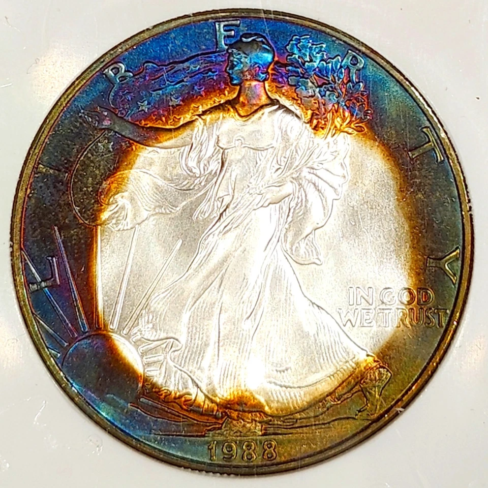 1988 Silver Eagle Perfect Gem BU +++ Bright Neon Rainbow Color Toned - Image 2 of 4