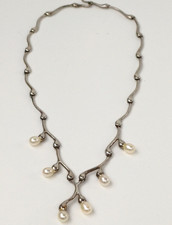 Unusual Fluid .925 Sterling Silver Baroque White Pearl Collar Necklet Necklace