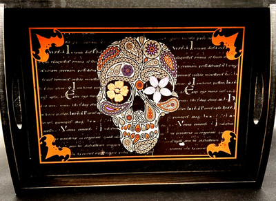 Sugar Skull Wooden Serving Tray Halloween Decor Double Handle Gothic Day Dead