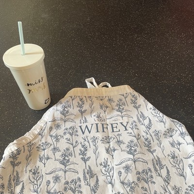 Kate Spade Travel Tumbler Straw ''Miss to Mrs'' White With Gold & Wifey Apron