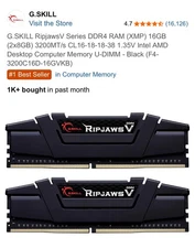 G.SKILL RipjawsV Series DDR4 RAM (XMP) 16GB (2x8GB) 3200MT/s CL16-18-18-38 1.35V