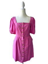 Old Navy Mini Dress S Petite Pink Puff Sleeve Square Neck Button Front Pockets