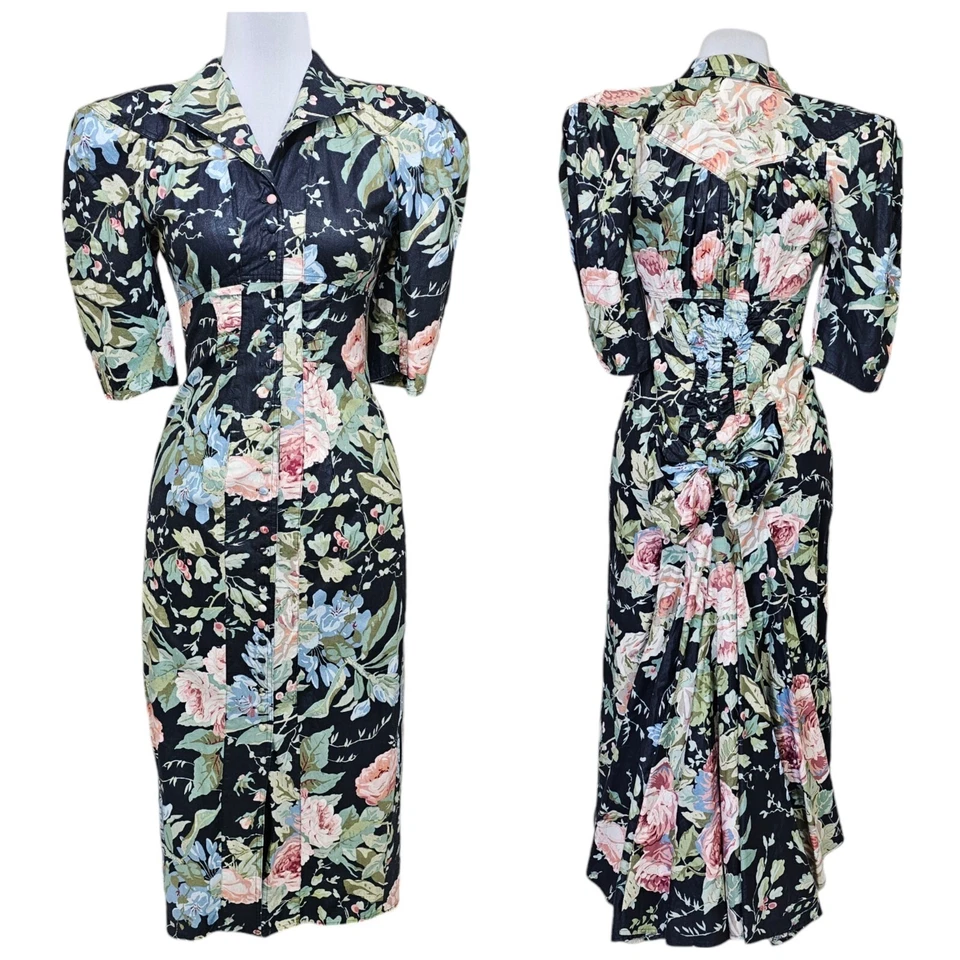 Vintage 80s Karen Alexander Floral Cotton Dress Neiman Marcus Bow Back Size 8 - Image 2 of 4