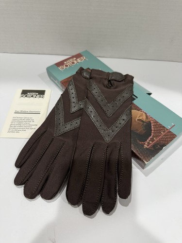 Vintage Aris Isotoner Handschuhe BRAUN mit Originalkarton Lederdetails One Size
