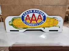 VINTAGE CEDAR RAPIDS AAA CORN PORCELAIN LICENSE PLATE HOLDER SIGN 11" X 4.5"