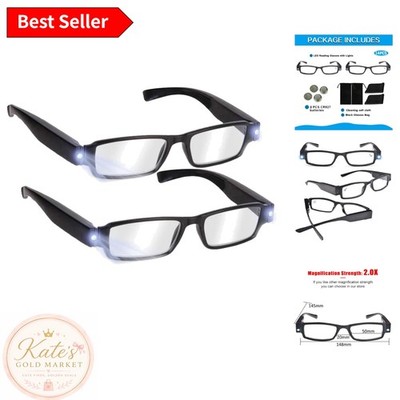 LED Lighted Reading Glasses +2.0 with Stylish Full Frame for Nighttime Comfort