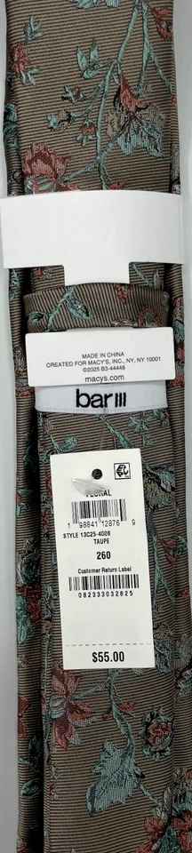 Bar III 男式丝绸混纺领带 ~ 灰褐色 ~ 花卉 ~ 全新 MSRP:55 美元。 — 第 3/3 张图片