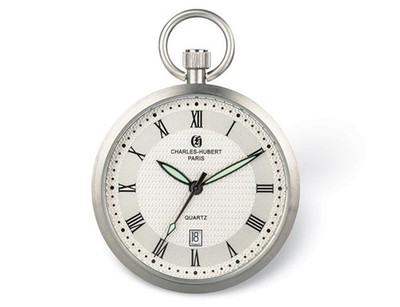 Charles Hubert Stainless Steel Open Face White Pocket Watch (42mm)