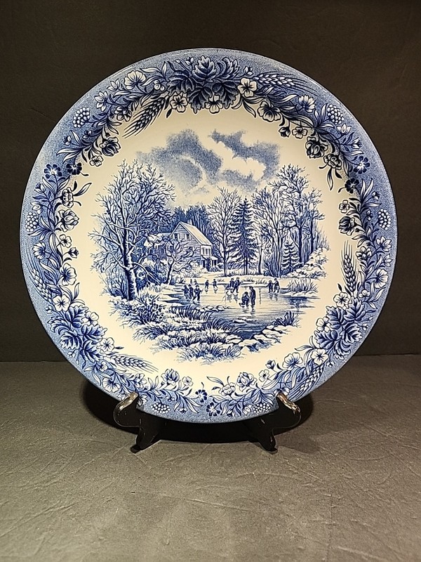 Vintage Currier & Ives Blue 12 1/2" Chop Plate by Churchill Made in England
