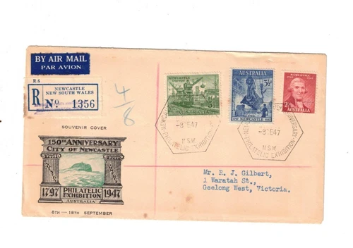 Australia 1947 Registered FDC,cds NEWCASTLE NSW EXHIBITION